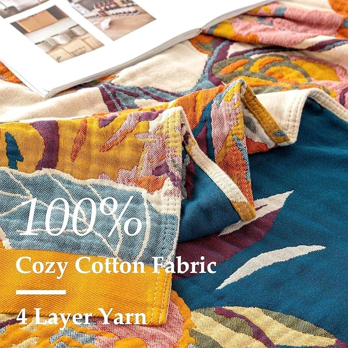 Boho Throw Blanket for Bed 100% Cotton Soft Lightweight Quilt Floral Butterfly Embroidery Home Decor Spring Bed Blankets,98"x98" All Season Reversible Blankets for Sofa Couch Chair