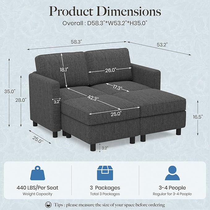 Belffin 58.3" Modular Sectional Sofa 4 Seats Sleeper Sofa Washable Sectional Couches for Living Room Comfy Couches with Storage Seat Couch Sofas with Chaise,Dark Grey
