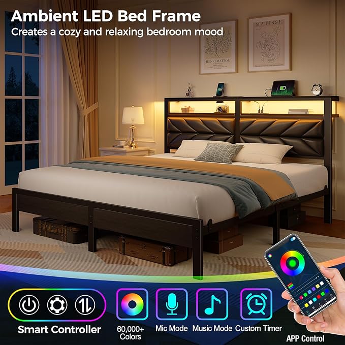 Seventable King Size Bed Frame with Charging Station & LED Lights, Upholstered Headboard with 2-Tier Storage Shelves, Metal Platform with Under Bed Storage, No Box Spring Needed, Easy Assembly, Black