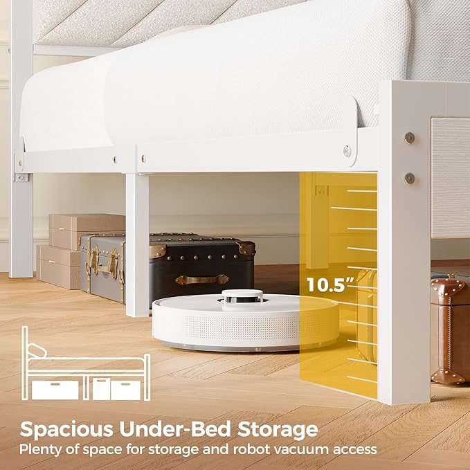 Seventable Bed Frame Queen Size with Charging Station, LED Bed with Upholstered Storage Headboard, Metal Platform Bed with Under Storage, No Box Spring Needed, Noise Free, Easy Assembly, White