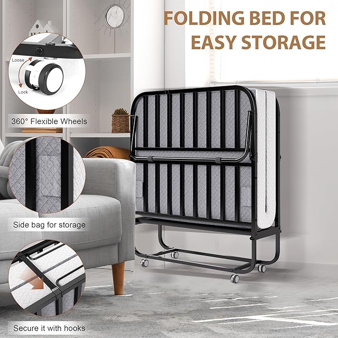 Decofy Folding Bed with Memory Foam Mattress, Portable Rollaway Guest Beds on Wheels, 75"x38" Twin Size Space-Saving Cot-Size Bed for Adults with Easy Assembly Metal Frame (Grey)