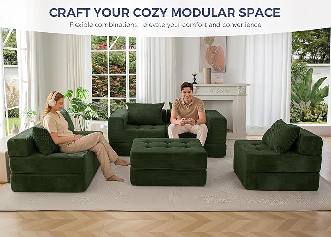 MAXYOYO Modular Sectional Sofa Couch, Foldable U Shaped Cloud Couch with Pillows, Tufted 6-Seat Boneless Sleeper Lounger Floor Sofa Bed for Living Room, No Assembly Required, Dark Green