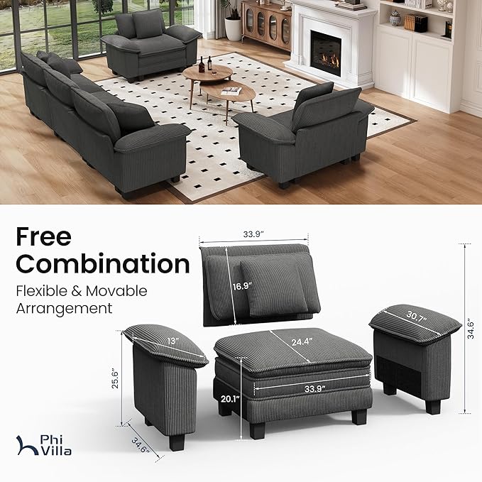PHI VILLA Cloud Modular Couches Sets, 3 Pieces Large Sectional Sofas Set with Single Sofa, 5-Seater Upholstered Couch for Living Room, Corduroy, Grey