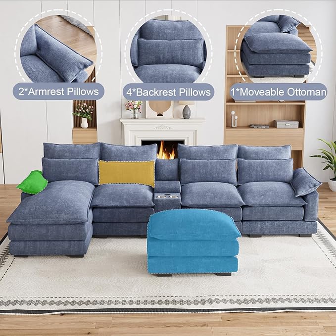 135" U Shaped Cloud Couch Sectional Modular Sectional Couches for Living Room Oversized Comfy Chenille Sofa Cloud Couch Set with Storage Central Console, USB Ports, Chaise Lounge, Ottoman, Blue