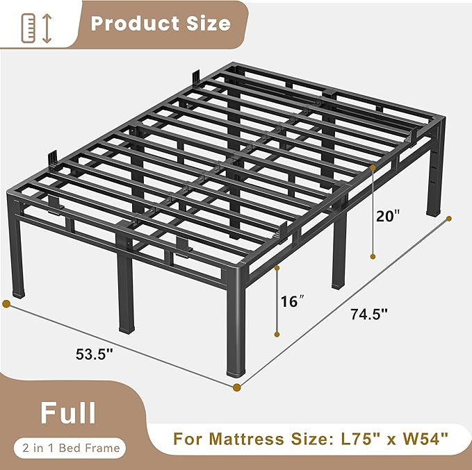 ROIL 20 Inch Full Size Bed Frame, Metal Bed Frame & Box Spring 2 in 1 Platform with Round Corner Legs, 4000LBS Double Layer Bed Frame with Headboard Holes Mattress Baffles, Noise-Free Easy Assembly