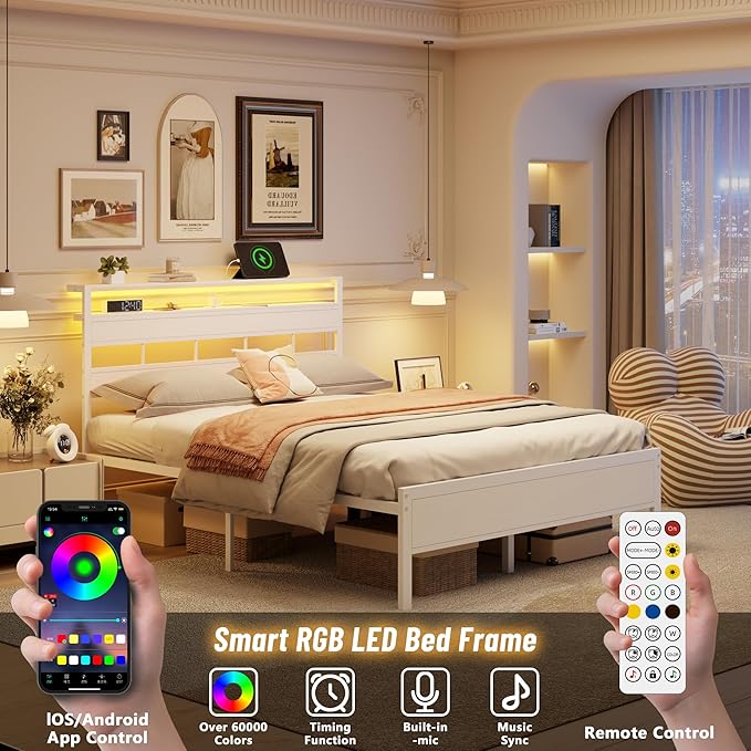 Furnulem Queen Bed Frame with Storage Headboard and LED Lights, Metal Bedframe with Charging Station and USB Port, Queen Size Platform Bed with Heavy Duty Slats, No Box Spring Needed, White