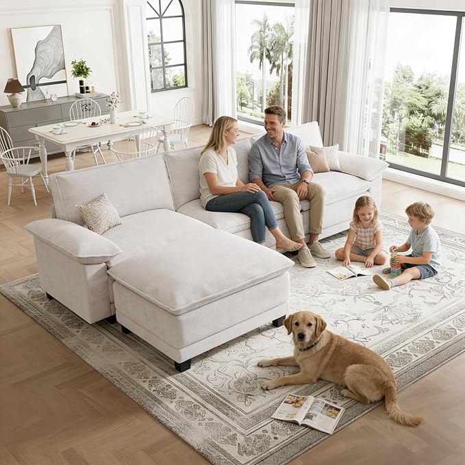 Modern L Shaped Sofa Couches for Living Room, Modular Sectional Cloud Couch with Movable Ottoman, Comfy Chenille Sofa for Apartment and Small Space, Beige