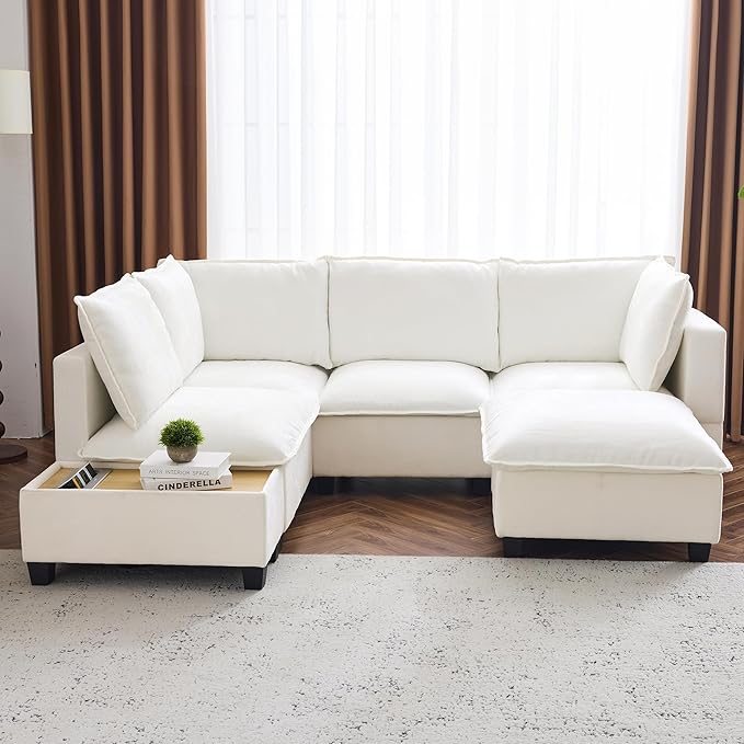 Harper & Bright Designs 90" U-Shaped Sectional Sofa Modular Sofa Couch with a Movable Ottoman, a Coffee Table with Hidden Charging Devices for Living Room, White