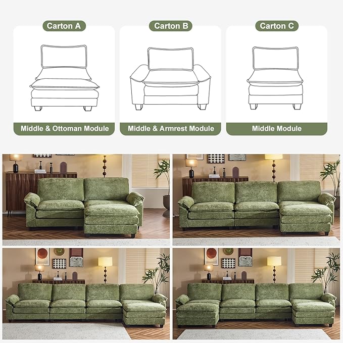 Karl home Sectional Sofa Modular Deep Seat Sofa Couch with Ottoman, Chenille Sofa Sleeper Comfy Upholstered Furniture for Living Room, Apartment, Studio, Office, (3-Seat & 1-Ottoman, Green)