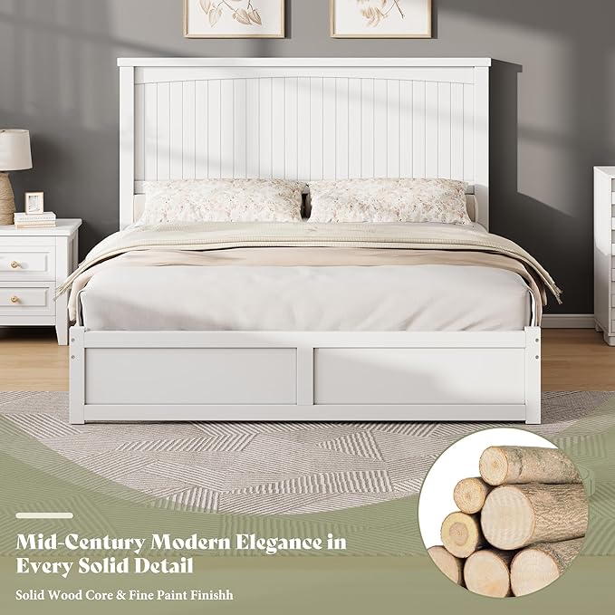 AMERLIFE Solid Wood King Size Storage Bed Frame with Headboard, Platform Bedframe with 2 Storage Drawers, Beadboard Design & Wooden Slats/No Box Spring Needed/Noise-Free, Coastal White Finish