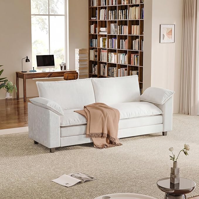 Loveseat 2 Seater Sofa with Double Layer Cushion, Cloud Couch with Deep Seat, Comfy Chenille Sofa Couches for Living Room & Apartment (White, Loveseat Sofa)