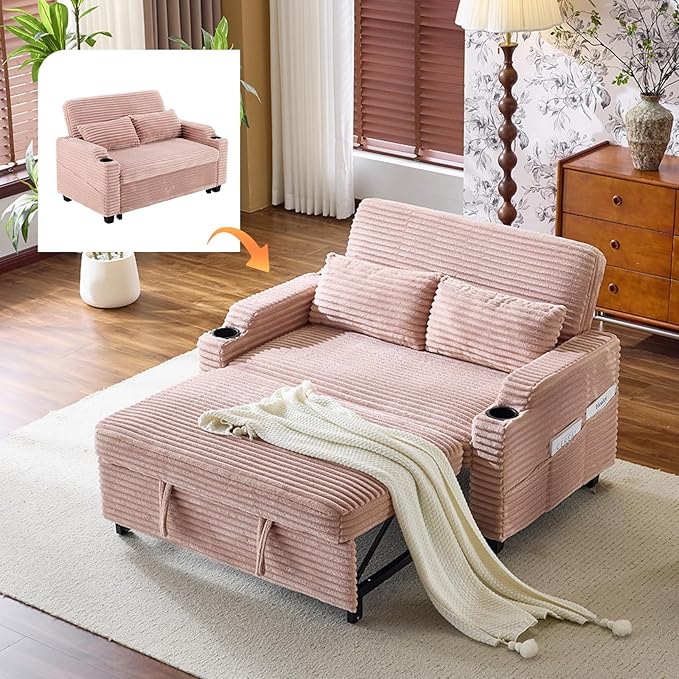 VINGLI Pink Futon Sofa Bed Convertible Loveseat Sleeper Sofa Couch, Corduroy Pullout Sofa Fold Out Couch Bed with USB Ports, Cup Holders, Armrest for Living Room, Bedroom Apartment Room | Loveseat Sleeper