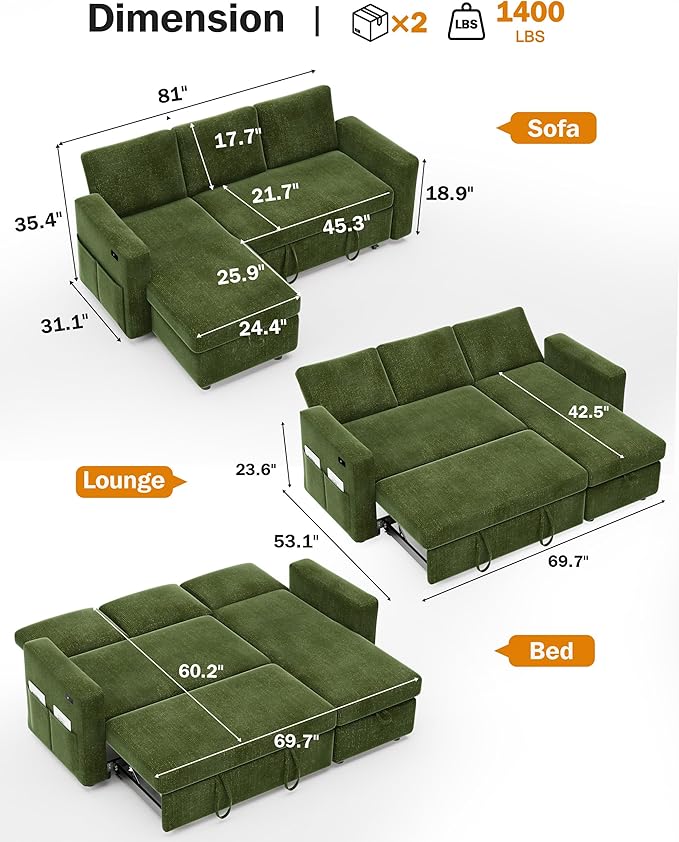 Vipbear 82" Sectional Sleeper Sofa with Pull Out Bed, L Shaped Couch Sleeper Sofa Bed, Pull Out Couch with Reclining Backrest, Reversible Storage Chaise, USB Ports, Tool-Free Assembly, Chenille Green