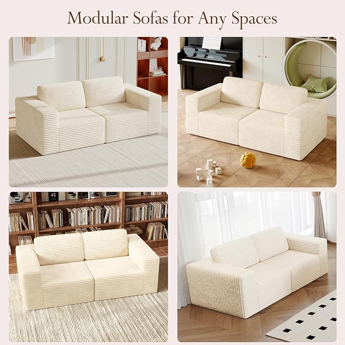 Vesgantti 80" Modular Sectional Sofa, Corduroy Cloud Couch with Deep Seating & Spring Support, 2 Seater Compact Modular Couch, Boneless Sectional Sofa for Small Spaces, No Assembly Required, Beige