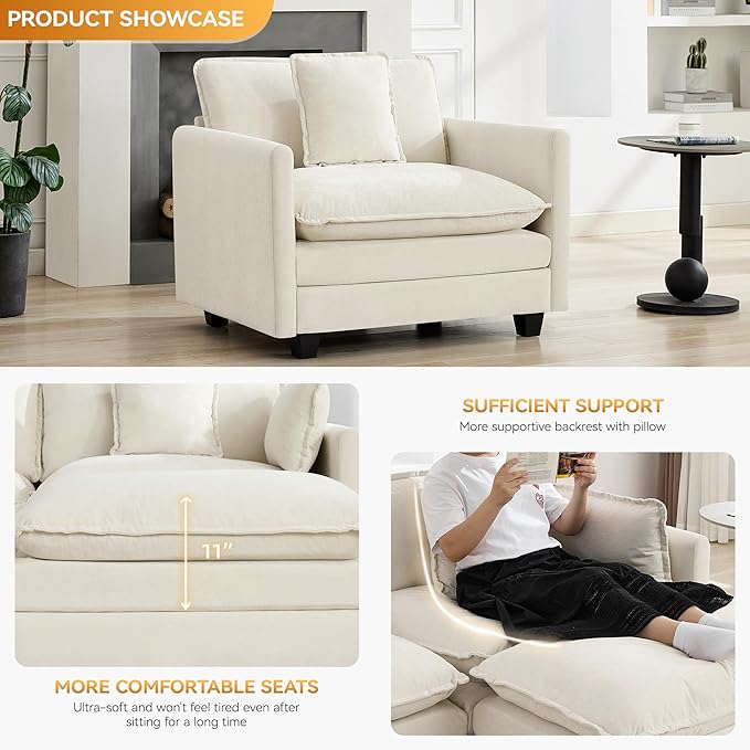 41'' Modern Chenille Oversized Chair, Upholstered Accent Living Room Chair with Extra Thicked Deep Seat, Single Lounge Chair for Bedroom, Small Apartment, Beige