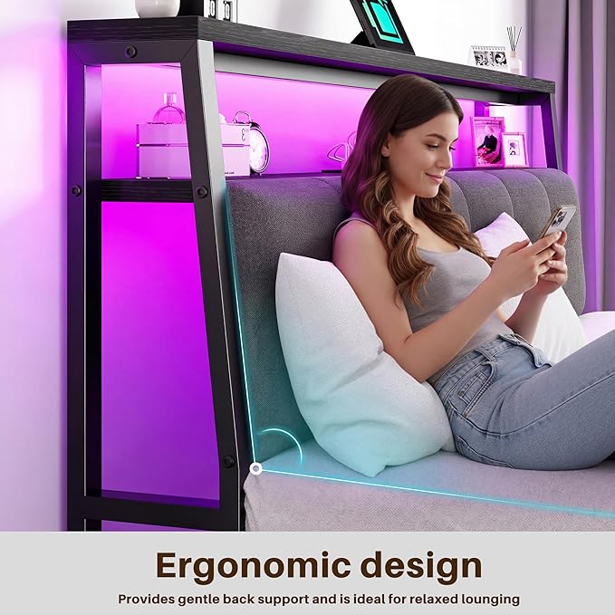 Homkdom Queen Bed Frame with LED Lights Grey Upholstered Headboard with Charging Station, Type C& 2-Tier Storage Shelves,Metal Platform Bed with 12" Under-Bed Storage, Noise-Free, Black