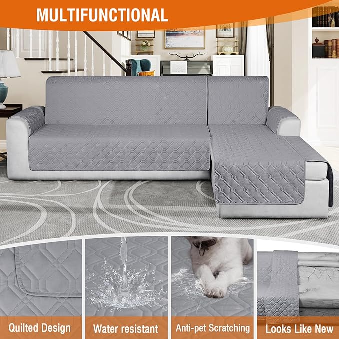 VANSOFY Sectional Couch Covers 100% Waterproof L Shaped Sofa Slipcover 3pcs Reversible Chaise Lounge Cover for Sectional Sofa Furniture Protector Cover for Pets Cat Dog(Large, Light Gray)