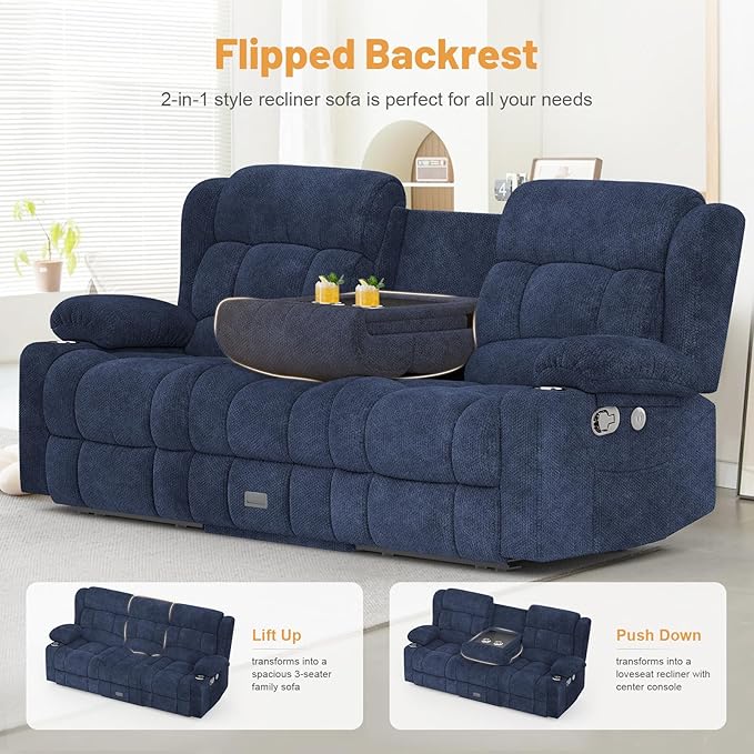 Loveseat Recliner Sofa Set, Flip Middle Backrest Design 3 Seater Reclining Sofa and Single Oversized Recliner Chair, Manual Couches for Living Room/RV (Blue, 3+1)