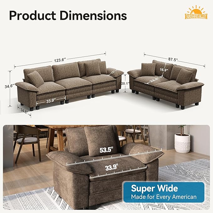 Sofa and Loveseat Set, Oversized Chenille Modular Love seat and 3-Seat Couch with Pillows, 2 Piece Modern Cloud Sectional Deep Seat Sofa Furniture Set for Living Room, Taupe