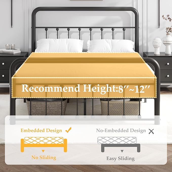 Fluest 14 Inch Queen Bed Frame Classic Metal Platform Bed Frame with Charging Station & LED, Victorian Style Iron-Art Headboard/Footboard, Under Bed Storage, No Box Spring Needed, Noise Free