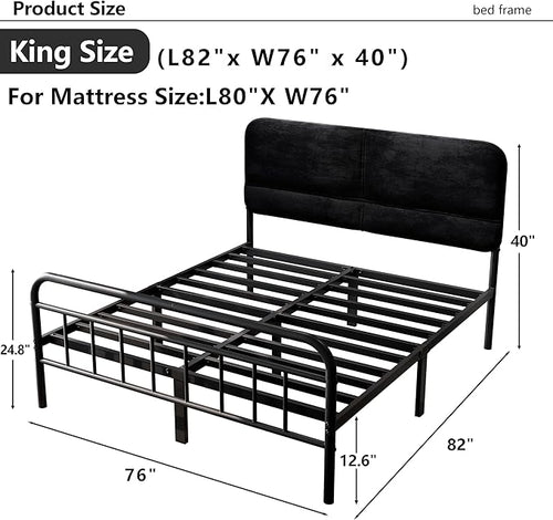 14Inch Metal Bed Frame,King Size Bed Frame with Upholstered Headboard,Heavy Duty Sturdy Mattress Foundation,Easy Assembly,No Box Spring Needed,Black-King