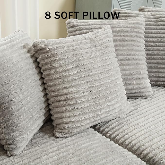 111 Inch Cloud Sectional Couches for Living Room | L-Shaped Sectional Couch with 8 Pillows | Corduroy Couch with Deep Seat | Solid Wood Frame Sofa Light Grey (Left Facing Chaise)