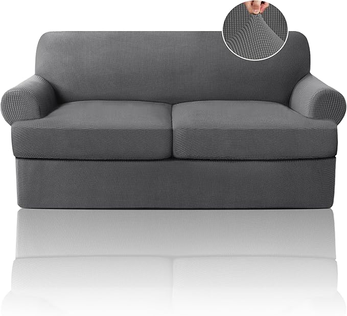 PrinceDeco T Cushion Loveseat Slipcover 3 Pieces Sofa Covers for T Cushion Sofa Stretch Sofa Covers for 2 Cushion Couch with 2 Individual T Shape Seat Covers Width Up to 76"- Washable, Grey
