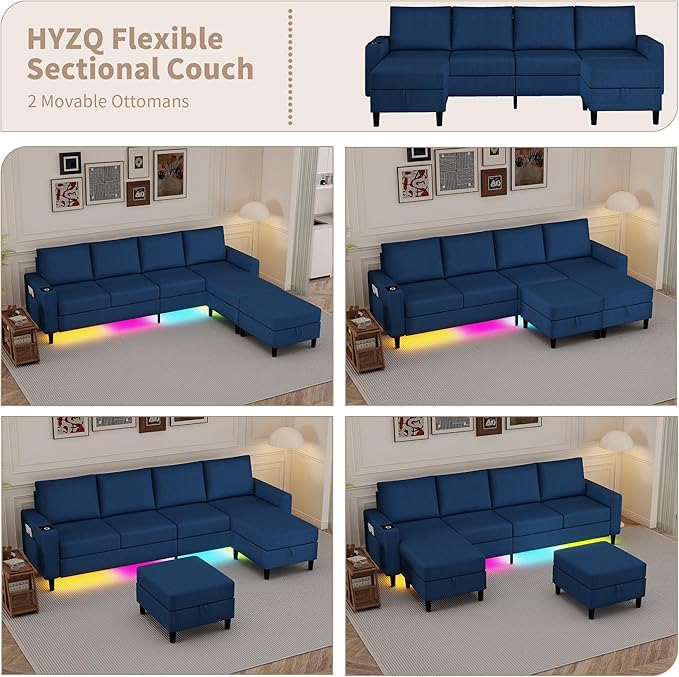 U Shaped Sectional Couches for Living Room, 109" Linen Cloud Couch with Chaise Lounge/Storage Ottoman, 4 Seat Sectional Sofa with Smart Module-Wireless Charging/USB/Type-C/RGB Lights (Blue)