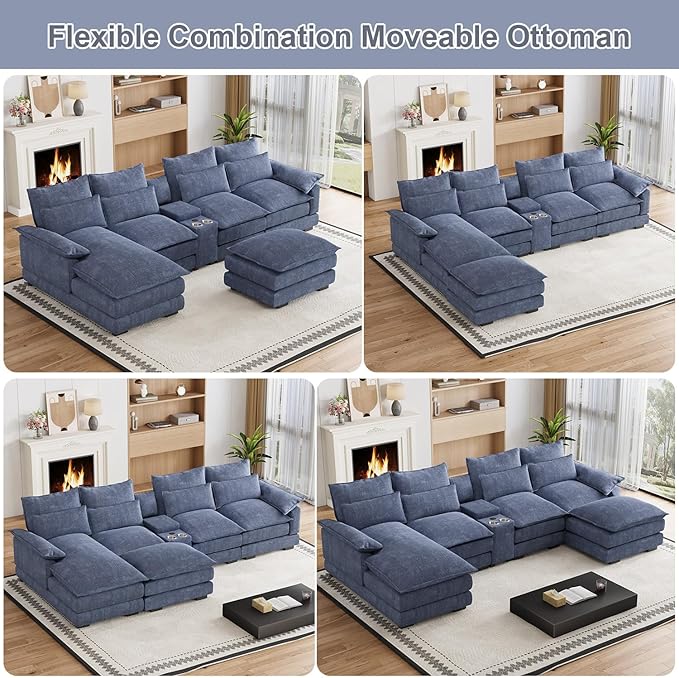135" U Shaped Cloud Couch Sectional Modular Sectional Couches for Living Room Oversized Comfy Chenille Sofa Cloud Couch Set with Storage Central Console, USB Ports, Chaise Lounge, Ottoman, Blue
