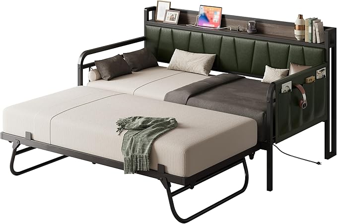 LIKIMIO Daybed with Trundle Bed, Twin Bed Frame with Storage Headboard and Charging Station, Sofa Day Bed with Strong Supports for Living Room, Bedroom, and Guest Room, Dark Green