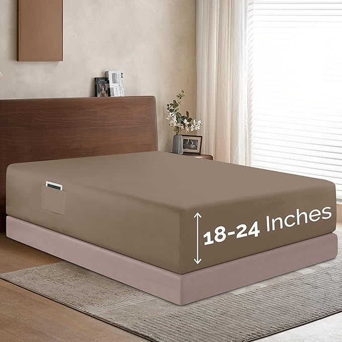 Elegant Comfort 1500 Premium Hotel Quality 18-24 Inches Deep - Extra Deep Pocket Single Fitted Sheet for High Mattress, Luxury and Softest, Smart Pocket - Wrinkle Free, California King, Taupe