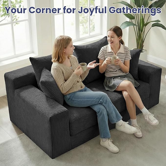 3-in-1 Convertible Sofa Bed: Boneless Loveseat Sleeper & Folding Couch Bed with 4 Pillows & Detachable Cushion for Bedroom, Small Space, Guest and Living Room, Corduroy Futon, No Assembly,Black