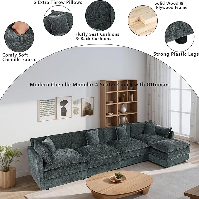 Setawix Deep 4 Seater Couch with Ottoman,147.22" L-Shaped Cloud Couches for Living Room,Chenille Cloud Sofa Couch with Deep Seat,Modular Sectional L Shape 4 Seat Sofa for Bedroom (Grey, 4+1)