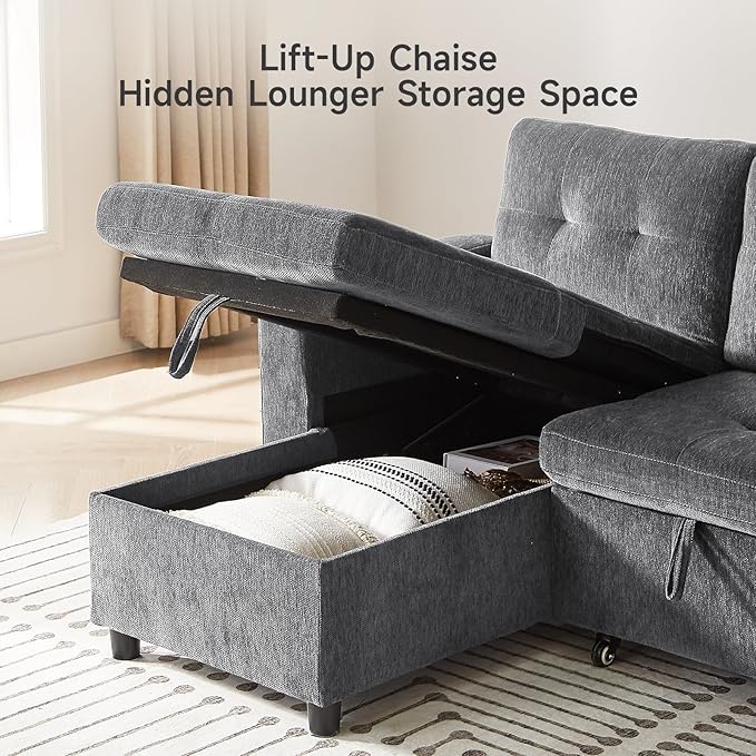 ONBRILL Sleeper Sofa,L-Shaped Sectional Sofa Bed with Storage Chaise,Tool-Free Assembly,Reversible 3 in 1 Pull Out Couch,Couches for Living Room,Apartment,Chenille,Grey