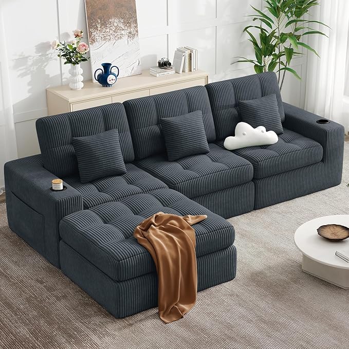 112" L Shaped Cloud Boneless Couch,Modern Modular Sectional Sofa with Layered Cushion,No Assembly Convertible Corduroy Couches for Living Room,Dark Grey 1 PCS