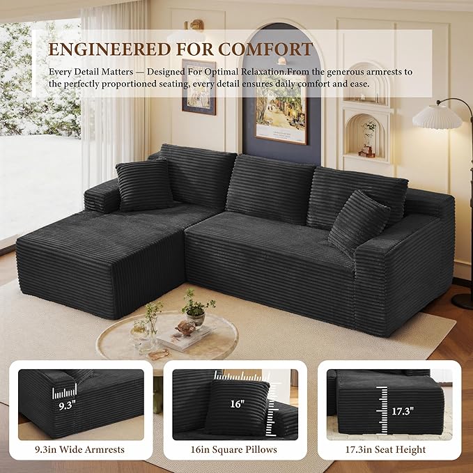 96" Sectional Couches for Living Room Cloud Couch Sofa with L-Shape Upholstered Boneless Couchs Modern Modular Sectional Couch with Chaise (Black, 95" W+Left Facing Chaise+2Seaters)