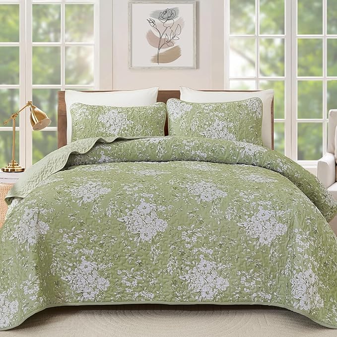 WONGS BEDDING Quilt King Size, Green Quilt Bedding Set with 2 Pillowcases, Botanical Quilt for King Bed, Soft Microfiber Lightweight Coverlet Bedspread for All Season (110"×90", 3 Pieces)