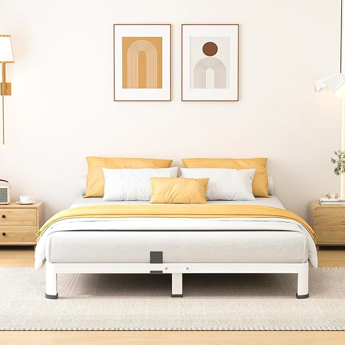 Superay 10 Inch Queen Size Metal Platform Bed Frame with Round Corners, Storage Space Under High Bed Frame-Heavy Duty Steel Slats Support, Noise Free - Easy Assembly - No Box Spring Needed, White