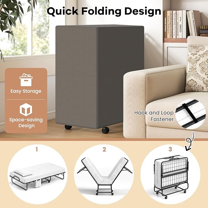 Giantex Twin Folding Bed with 5 Inch Mattress, Rollaway Guest Bed with Top Pillow, Storage Pocket & Metal Frame, Space-Saving Fold up Beds, Portable Roll Away Beds for Adults, 75" x 39"