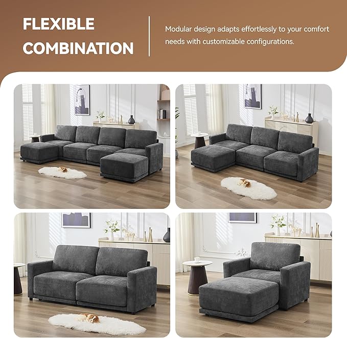 143.8" Modular Sectional Sofa Modern Chenille U Shaped Couch with Thickened Seat Cushions, Easy Assembly, Upholstered 6 Seater Couch with 2 Movable Ottomans for Living Room, Grey