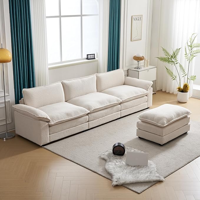 Karl home Sectional Sofa Modular Deep Seat Sofa Couch with Ottoman, Teddy Fleece Sofa Sleeper Comfy Upholstered Furniture for Living Room, Apartment, Studio, Office, (3-Seat & 1-Ottoman, Teddy Beige)