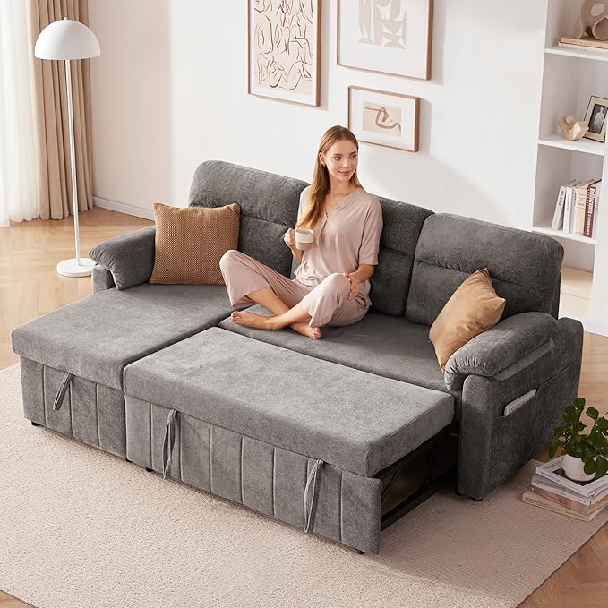 Tbfit 84'' Sleeper Sofa Bed, 3 in 1 Cloud Pull Out Sofa Couch with USB & Storage Chaise, Chenille Convertible Sofa Bed with Pull Out Bed, Couches for Living Room, Apartment, Office, Light Grey