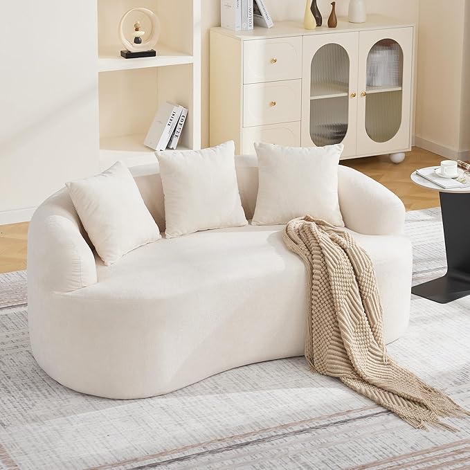 65" Boneless Curved Loveseat Sofa, Modern Deep Seat Love Seat Couches, 2 Seater Curved Couch with 3 Throw Pillows, Compressed Floor Sofa for Living Room Small Spaces, No Assembly, Beige