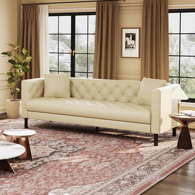 GarveeHome 81 in Leather Couch for Living Room, Modern Sofa Couch with Deep Seat and 2 Pillows, Handmade Button Tufted 3 Seater Sofa, Leather Sofa for Apartment, Office, Beige