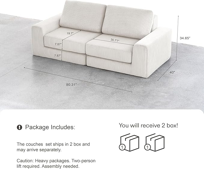 Modular Sectional Sofa, 80.31" Modern Cloud Couch Sectional Sofa with L-Shaped Chaise Comfy Corduroy Fluffy Couch with Deep Seat Boneless couches for Living Room Bedroom, White