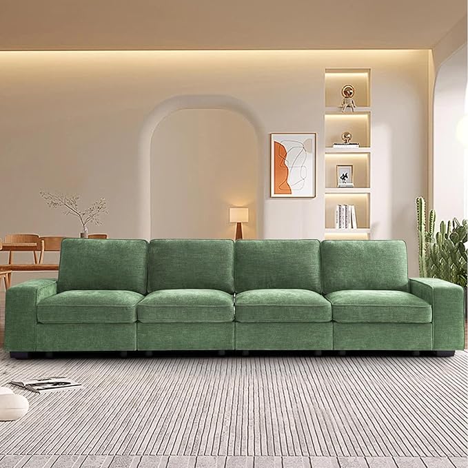 TEKAMON 128" Modular Sofa Couch with Seat Storage, Chenille Sofa，Modern Comfy 4-Seater Couch for Living Room, Office, Apart W/Deep Seat, Wide Armrest, USB, Pockets, Removable Covers (Green)