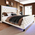 Belffin Queen Size Bed Frame with Headboard,50" Tall Headboard Upholstered Velvet Platform Bed with LED Lights & 2 USB Port/1 Type C Port, Button Tufted,No Box Spring Needed, Noise Free,Beige