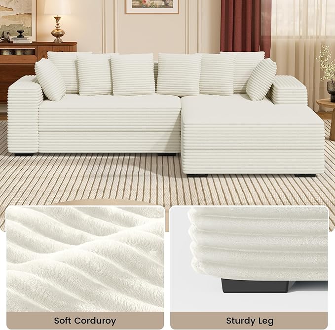 111'' Modular Sectional Cloud Couches with Chaise, L Shaped Extra Large Sleeper Couch Reversible Fluffy Corduroy with 8pcs Pillows for Living Room(Beige Right Facing Chaise)