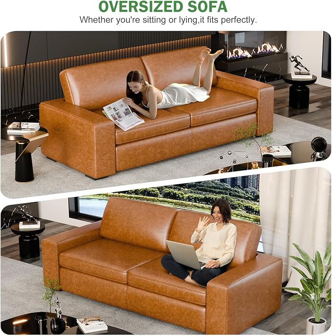 ELUCHANG 85" Faux Leather Sofa Couches, 3 Seater Mid-Century Modern Sofa with Extra Deep Seats, Upholstered Cushion&Removable Cover, Comfy Couch for Small Space Living Room Apartment, Brown