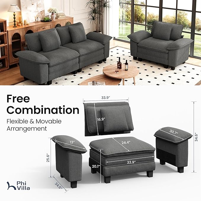 PHI VILLA Cloud Modular Couches Sets, 2 Pieces Sectional Sofa Set with Loveseat, 3-Seater Comfy Couch for Living Room Apartmeent, Corduroy Fabric, Grey